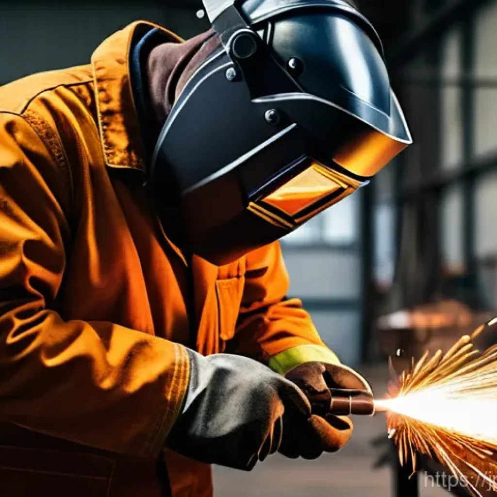 용접 자격증 종류 비교 - A young, focused male welder in full personal protective equipment, including a dark welding helmet ...