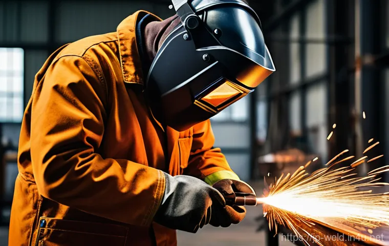 용접 자격증 종류 비교 - A young, focused male welder in full personal protective equipment, including a dark welding helmet ...