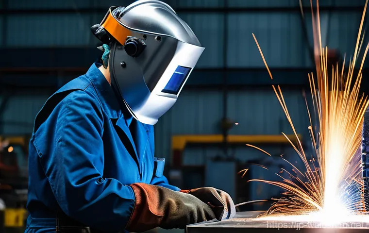 용접 자격증 종류 비교 - A young, focused male welder in full personal protective equipment, including a dark welding helmet ...