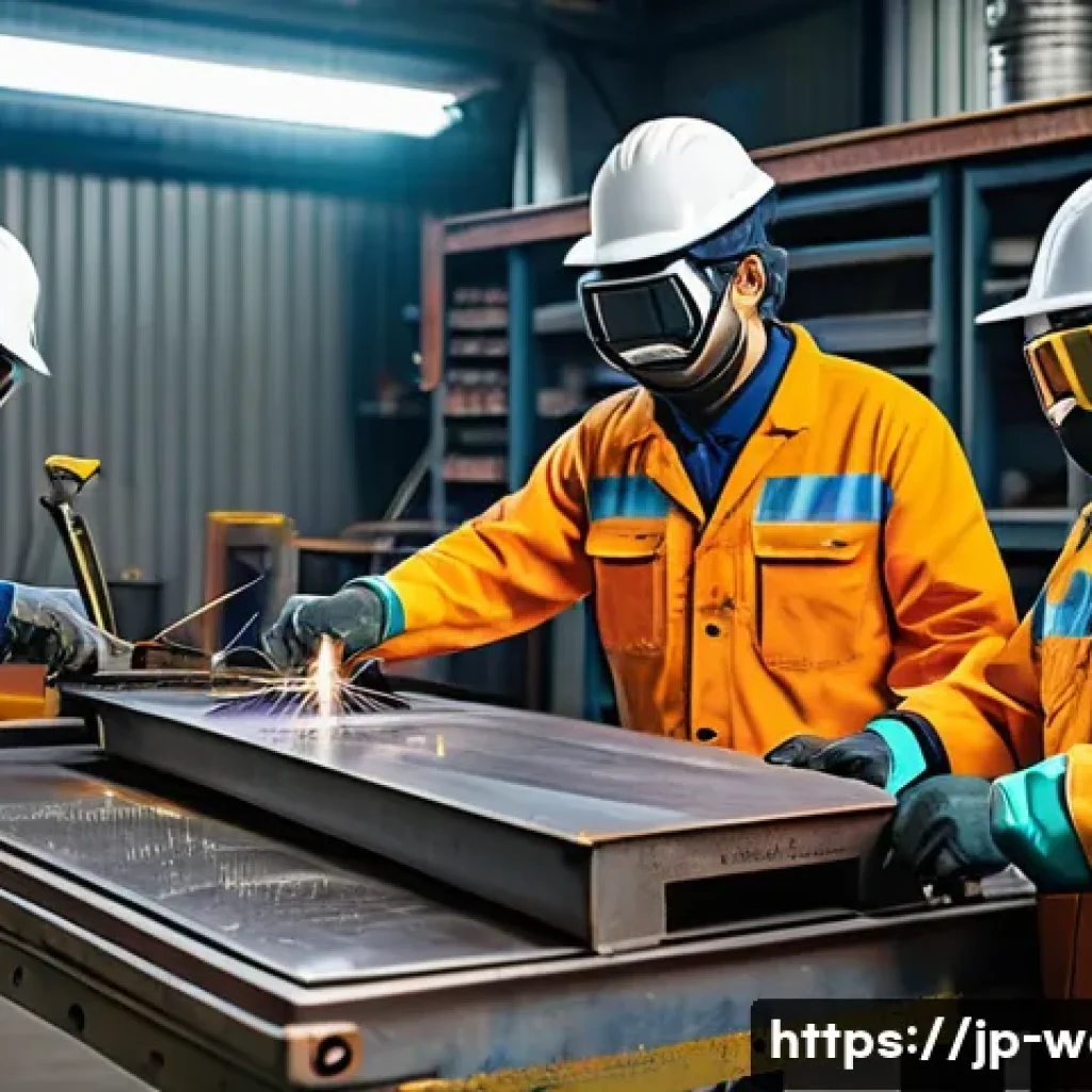 용접사의 비즈니스 매너 - A detailed scene of a Japanese welding worksite showcasing a diverse team of professional welders we...