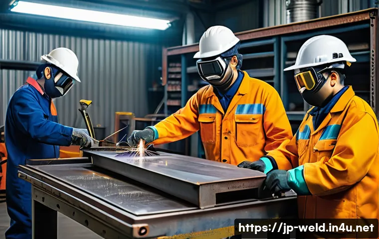 용접사의 비즈니스 매너 - A detailed scene of a Japanese welding worksite showcasing a diverse team of professional welders we...