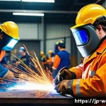 용접사 인맥 관리의 중요성 - A busy welding workshop scene showing a diverse team of professional welders wearing full protective...