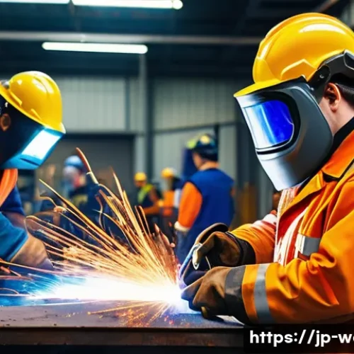 용접사 인맥 관리의 중요성 - A busy welding workshop scene showing a diverse team of professional welders wearing full protective...