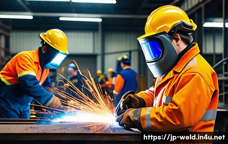 용접사 인맥 관리의 중요성 - A busy welding workshop scene showing a diverse team of professional welders wearing full protective...