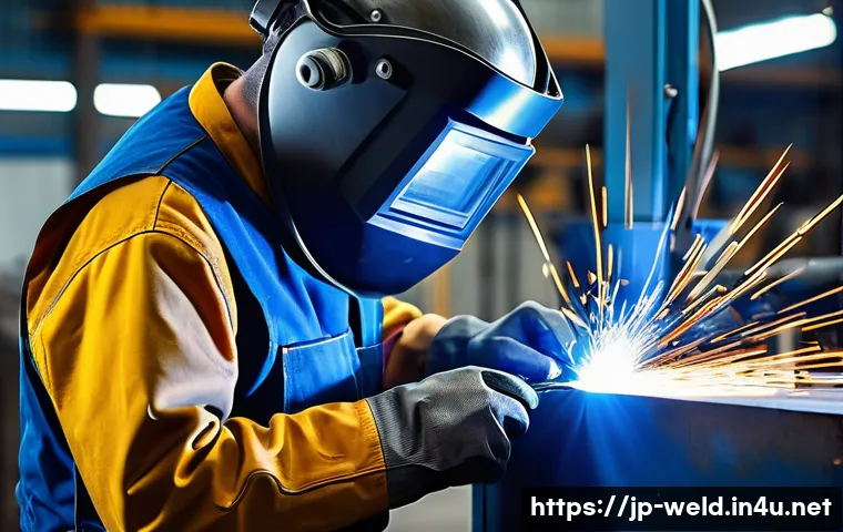 용접사 직무 능력 인증 과정 - A skilled welder in a modern industrial workshop, wearing full protective gear including a welding h...