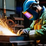 용접사 직업병 예방 방법 - A skilled Japanese welder wearing a full set of heat-resistant protective gear including a UV-cut he...