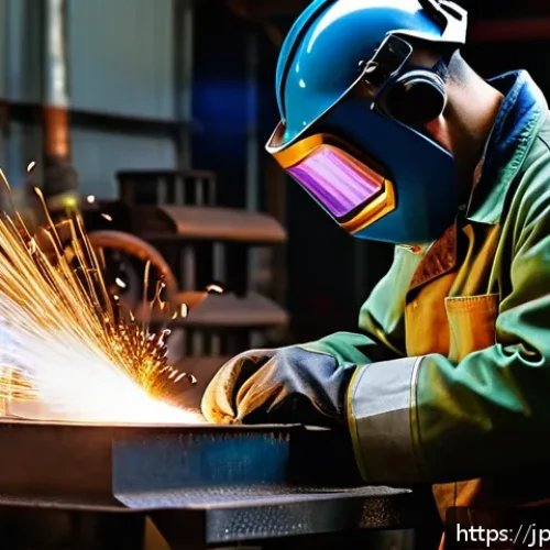 용접사 직업병 예방 방법 - A skilled Japanese welder wearing a full set of heat-resistant protective gear including a UV-cut he...
