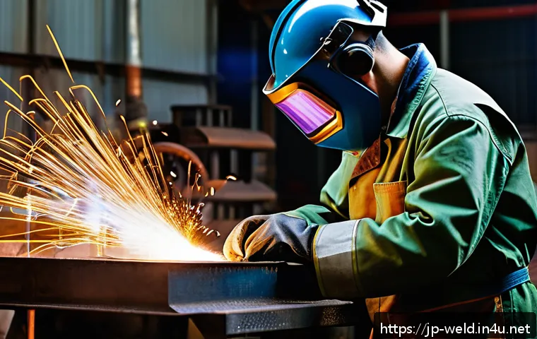 용접사 직업병 예방 방법 - A skilled Japanese welder wearing a full set of heat-resistant protective gear including a UV-cut he...