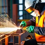 용접사 해외 취업 정보 - A skilled overseas welder wearing protective workwear including welding gloves, a welding helmet wit...