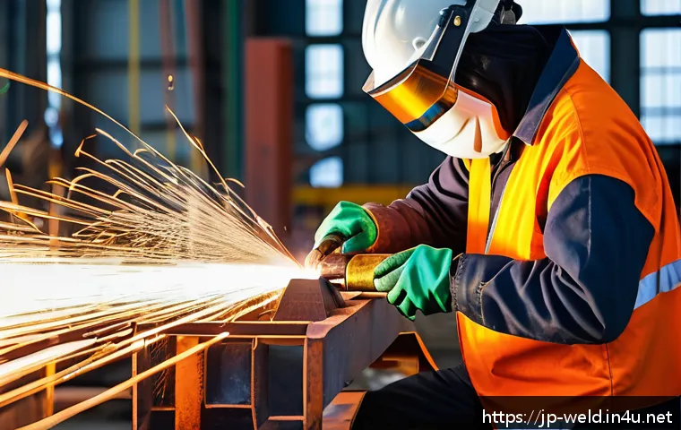 용접사 해외 취업 정보 - A skilled overseas welder wearing protective workwear including welding gloves, a welding helmet wit...