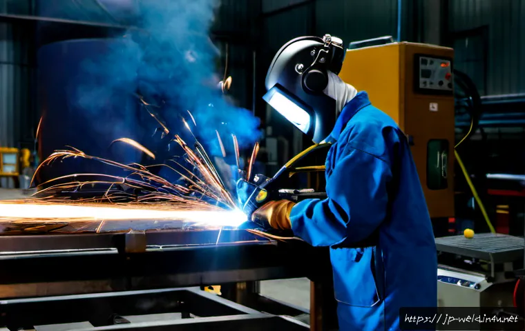 용접사 직업 전망과 변화 - Photorealistic modern welding workshop in Japan, experienced welder wearing full protective helmet, ...